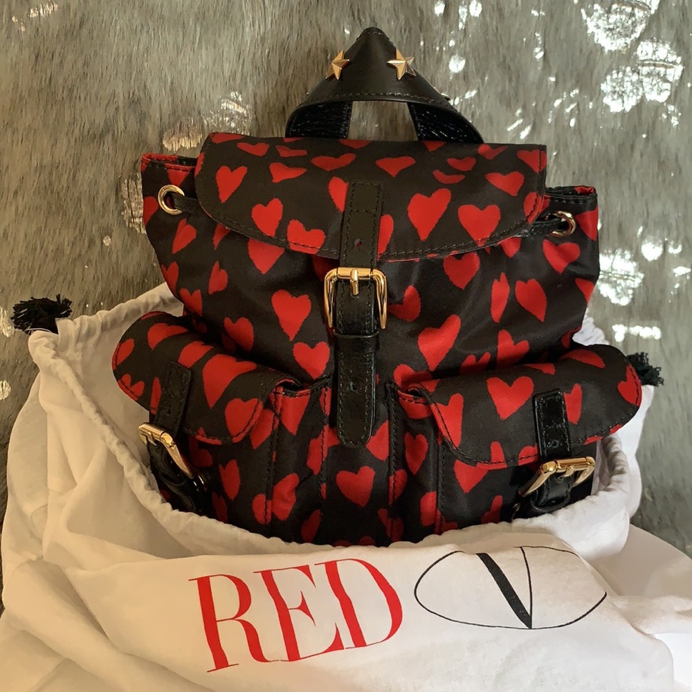 RED Valentino Black Leather Mini Backpack with Red Heart Print - Picture 14 of 14